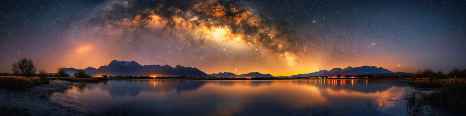 Raamstickers panorama landscape with milky way in a night starry sky against background of lake and mountains © alexkoral