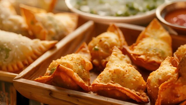 A close up of a wooden tray filled with mini samosas vegetable pakoras and chutneys representing the flavors of India at a picnic celebrating South Asian culture.