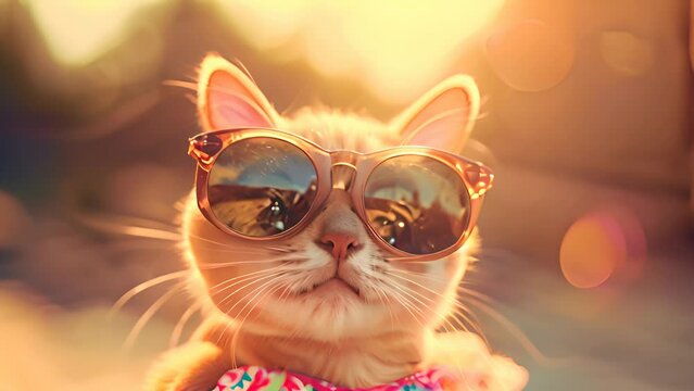 A cat struts in a dress and sunglasses, displaying a unique sense of fashion and style