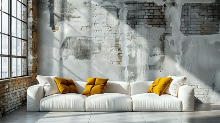 Against a backdrop of concrete stucco and brick, a white sofa with yellow pillows has copy space. Modern living room interior design: minimalist, loft style home.