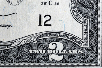 Vintage elements of paper banknotes.Bonistics.Fragment of 2 US dollar banknote for design purpose. United States of America