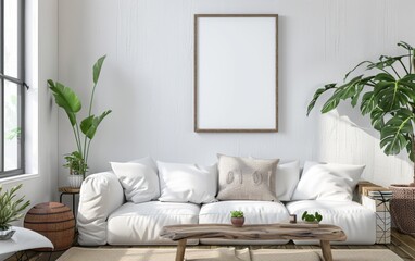 Mockup frame close up in coastal style home interior background, 3d render
