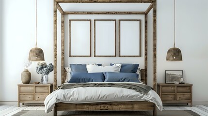 Against a white wall with three poster frames is a rustic wooden bed adorned with blue pillows and two bedside cupboards. Modern bedroom interior design in a farmhouse