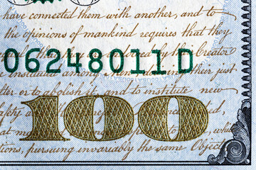 Vintage elements of paper banknotes.Bonistics.Fragment of 100 US dollar banknote for design purpose. United States of America