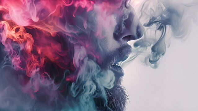A man with a beard stands amidst vibrant, swirling smoke, creating a visually striking scene