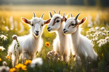 Three white baby  goats on a meadow.