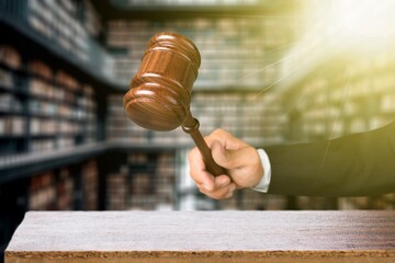 Law, judge wooden gavel for legal trial