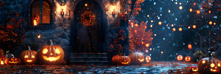 Halloween pumpkins and decorations outside a house, night view of a house entry door with halloween decoration. generative ai