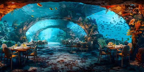 An underwater restaurant with chairs and tables surrounded,Underwater Restaurant: Dining Experience Beneath the Waves
