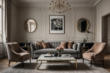 Stilvolles Pariser Wohnzimmer mit eleganter grauer Couch und Spiegelwand