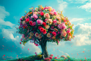 Tree full of flowers is depicted in artistic manner with blue sky as the background. - obrazy, fototapety, plakaty