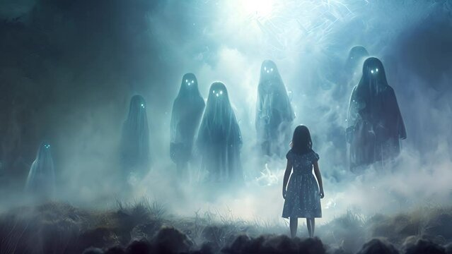 Young girl stands facing a group of spectral figures in a foggy forest as dusk settles