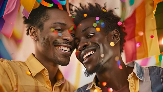 Close-up of a joyful African American couple wearing party hats and smiling amidst a confetti shower