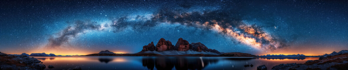 panorama with milky way in night starry sky against blue background of lake and mountains - obrazy, fototapety, plakaty