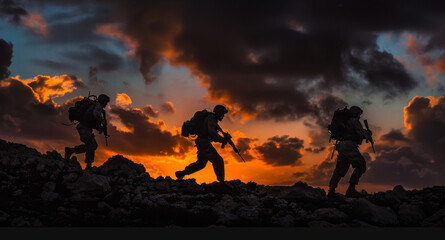 Soldiers military group US Army at sunset - obrazy, fototapety, plakaty