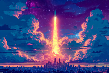 Cartoon drawing of rocket blasting off into space with city clouds floating by.
