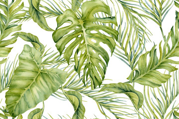 Tropical seamless pattern. Green banana, monstera and palm leaves composition. Hand drawn watercolor on transparent background. Natural botanical illustration for card designs, prints, wallpapers