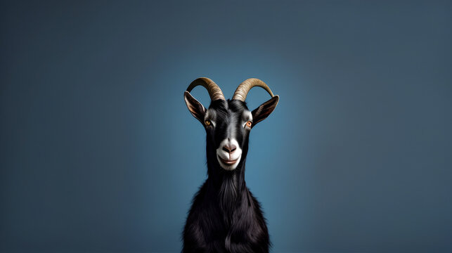 Goat or ram with large horns in front of blue background.