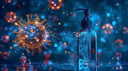 Covid-19 virus breaking down in hand sanitizer. Abstract geometric background. Isolated modern illustration.