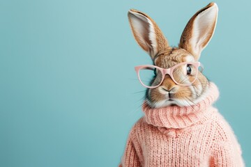 A fawn rabbit  in pink glasses sporting a pink sweater, glasses, happy whiskers on blue banner background