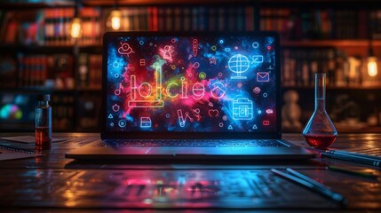 The open laptop is depicted with symbols of school subjects - alphabet, chemistry tube, drawing brush, compasses. Online learning and distance learning concept. Modern 3D wireframe graphic in low