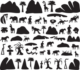 Stone Carved Stories Vector Logo of Primitive Cave Paintings Paleolithic Impressions Cave Painting Emblem Graphic Design