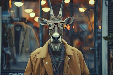 A man in a deer head cloak, metal glasses, and jacket at an art event