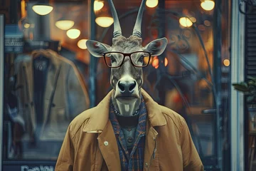 Tuinposter A man in a deer head cloak, metal glasses, and jacket at an art event © Igor