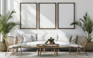 Obraz premium Mockup frame close up in coastal style home interior background, 3d render