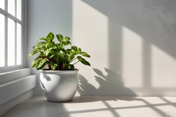 Plant sits in white pot on sunny day casting shadow behind it.