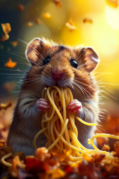 Naklejki Hamster eating spaghetti and holding it with its right hand.