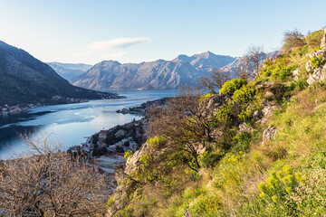 Kotor Bay top view with vibrant natural colors, perfect for travel and lifestyle content. Montenegro, Balkans