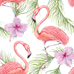 Flamingo bird with green palm leaves and hibiscus flowers seamless pattern. Hand drawn watercolor on transparent background. Tropical botanical illustration for surface designs, cards, wallpapers