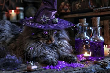 A violet witch hat wearing maine coon cat with whiskers lounges on a table, halloween magic vibe