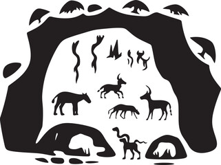 Ancient Heritage Illustrative Cave Art Icon Graphic Stone Carved Stories Vector Logo of Primitive Cave Paintings