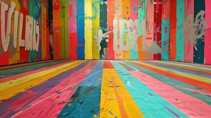 Vibrant vertical stipes of paint and graffiti on a wall and floor. Empty room with colorful streaks of paint and graffiti in retro vintage style.	
