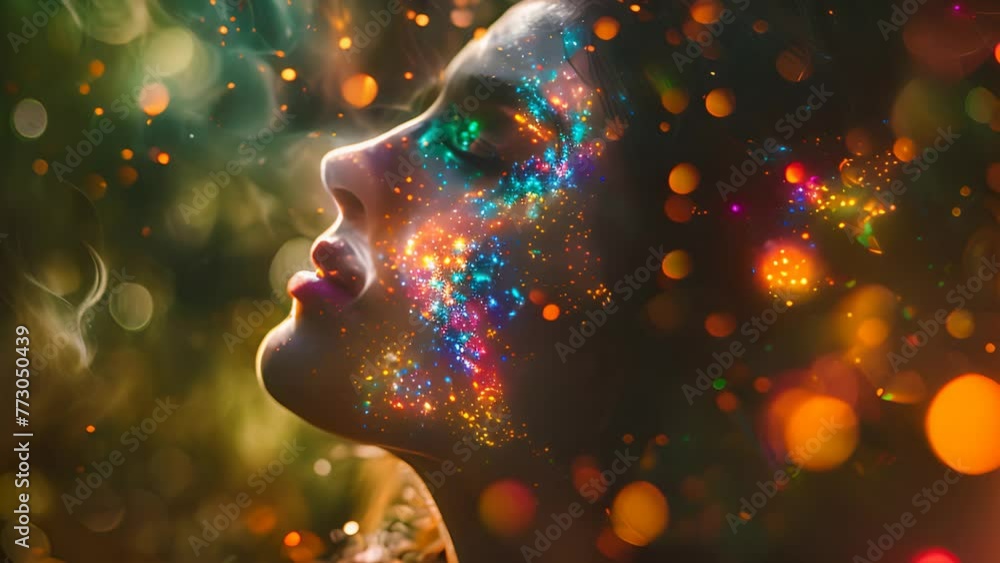 Poster young womans face is covered in an array of vibrant and colorful lights, creating a visually strikin