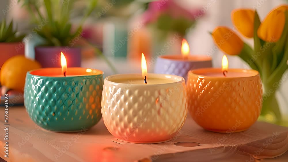 Poster three candles are placed on a wooden table, creating a simple and elegant display