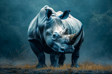 Rhino with blue and grey skin stands in field of tall grass.