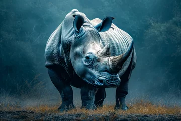 Zelfklevend Fotobehang Rhino with blue and grey skin stands in field of tall grass. © valentyn640