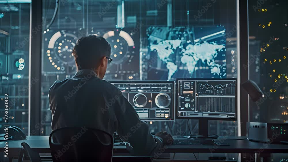 Poster a skilled analyst observes complex data on multiple screens in a sophisticated control room after du
