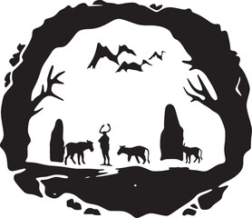 Dawn of Creativity Cave Art Vector Logo Emblem Rock Art Revival Inspired Cave Painting Icon Graphic