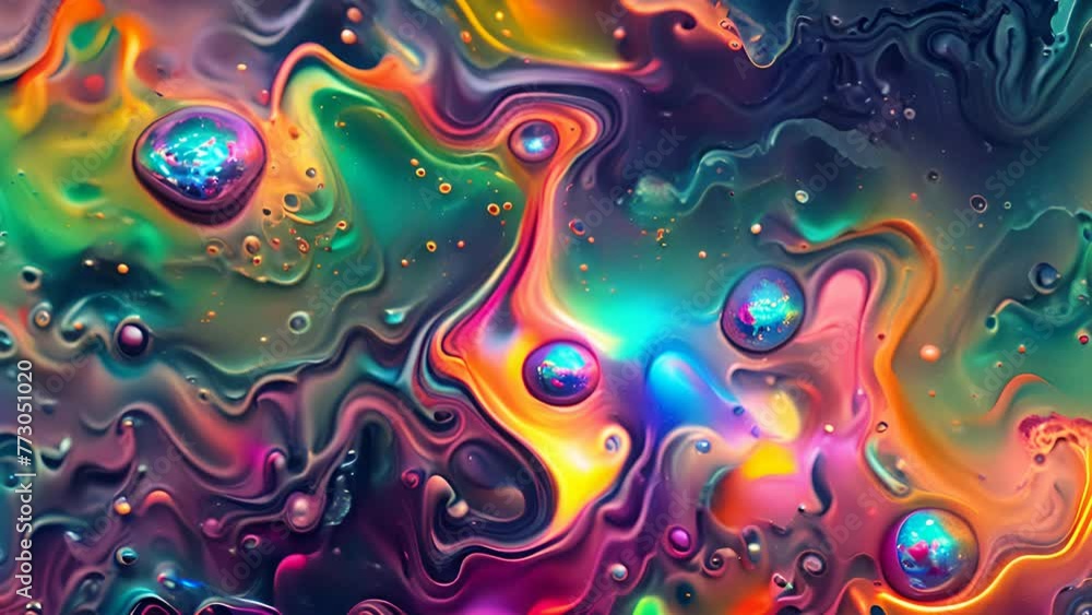 Poster watch as colorful liquid swirls and bubbles dynamically interact in this mesmerizing painting creati