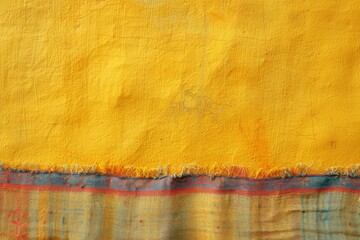 Closeup of vibrant yellow cloth with red and blue striped trim, textile background with colorful geometric pattern