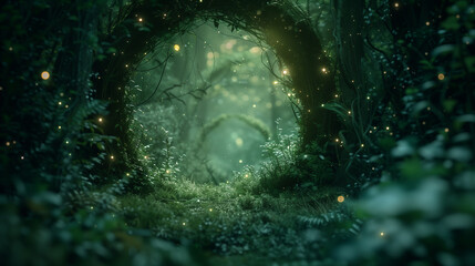 Magical Forest Trail Illuminated by Fairy Lights, Fantasy Portal.