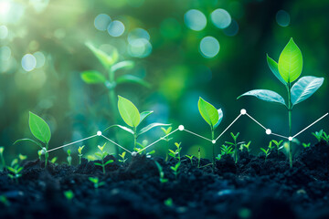 Growing plants in soil with a blurred background of green leaves The concept of growth development and business success