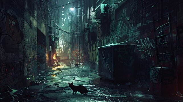 Graffiti-Covered Alleyway A Cat's Nighttime Stroll Generative AI