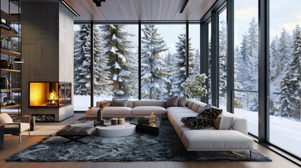 An elegant living space featuring a modern fireplace, set against a backdrop of snowy woods, creating a peaceful retreat for the winter season. 8K