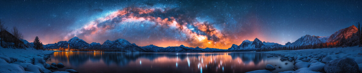 landscape winter panorama with milky way in night starry sky against bright background of lake and snowy mountains