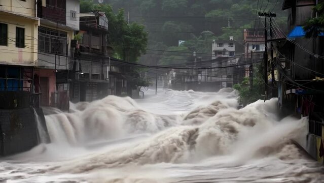 The unrelenting monsoon rain causes the fast flowing river to rise higher and higher threatening to overcome nearby buildings with each passing moment.
